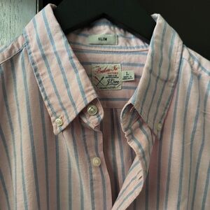 J Crew Slim Fit Pink Blue Striped Oxford Shirt - Large